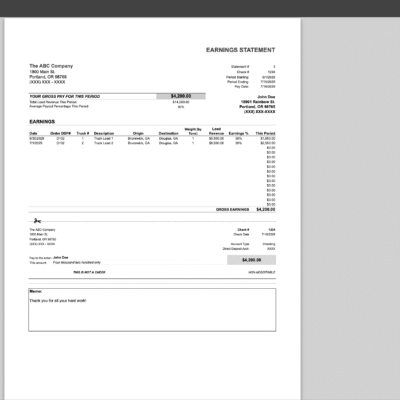 The earnings statement in the print settings window, ready to print on one page.